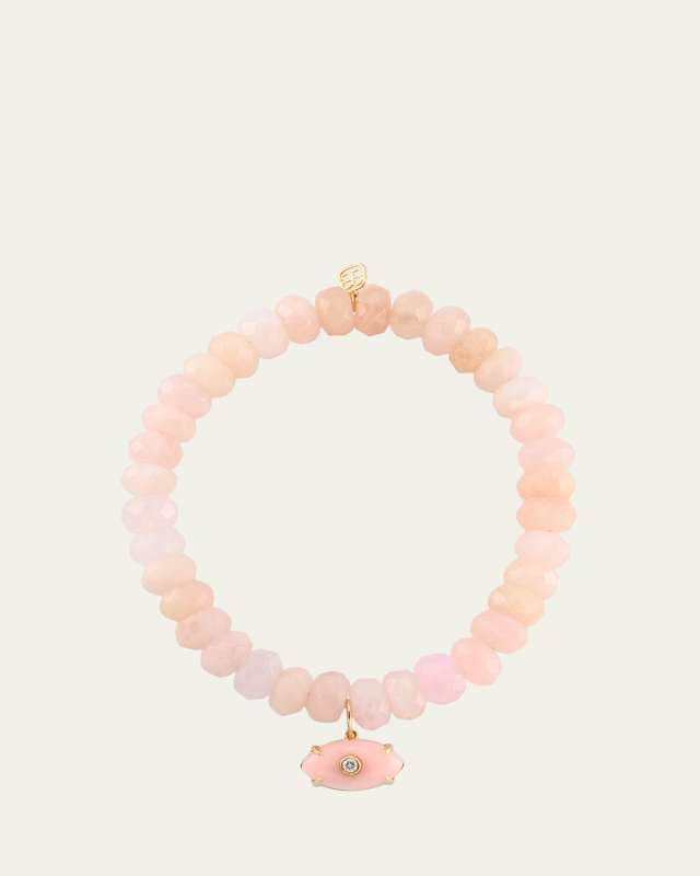 14K Carved Pink Opal and Diamond Bezel Evil Eye on Morganite Stretch Bracelet